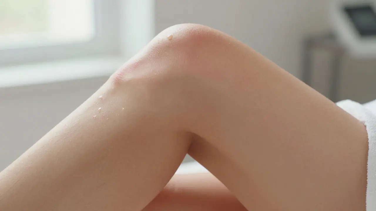 Detail kůže na stehně po masáži s mírným červeným nádechem a zlepšenou texturou.