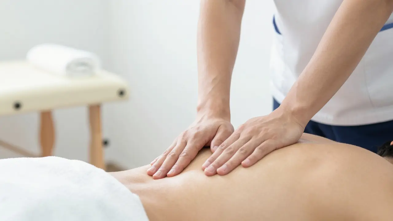 Fyzioterapeut provádí hloubkovou rehabilitační masáž zad.