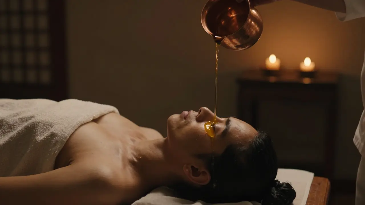 Tradiční indický rituál Shirodhara s přiléváním teplého oleje na čelo.