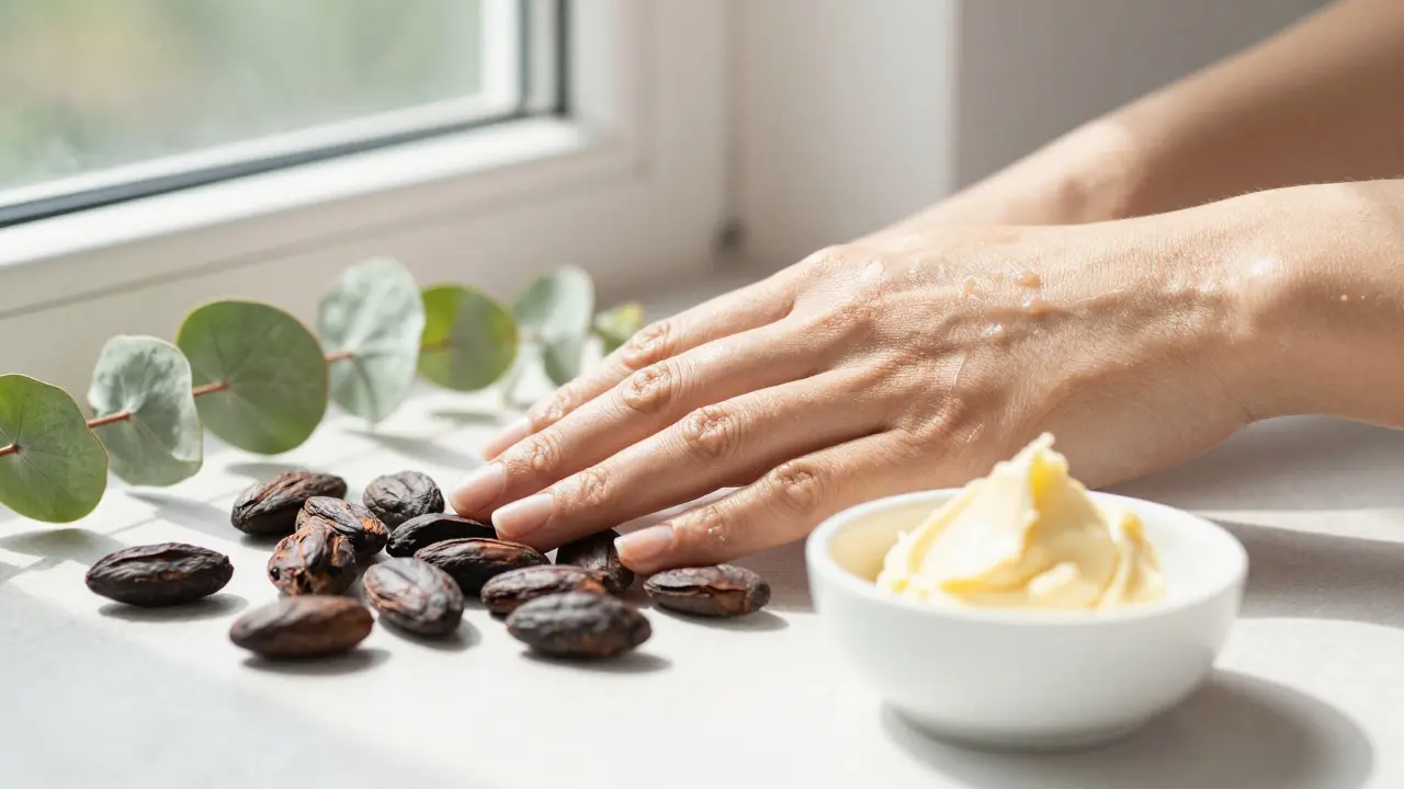 Hydratovaná pleť vedle kakaových bobů a přírodních ingrediencí