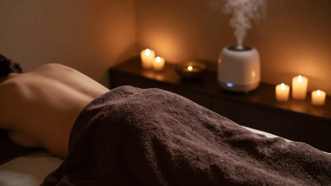 Relaxační atmosféra v masérském salonu při slabém světle