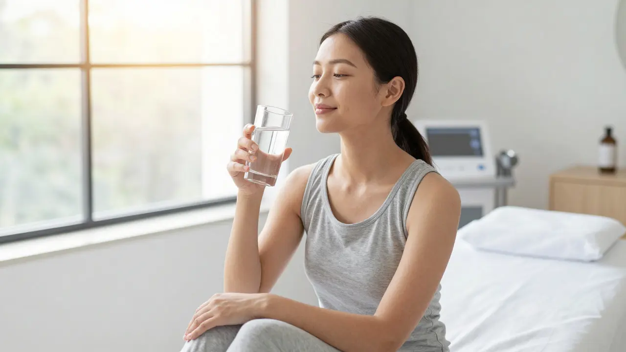 Žena po terapii s pitím ve wellness prostředí