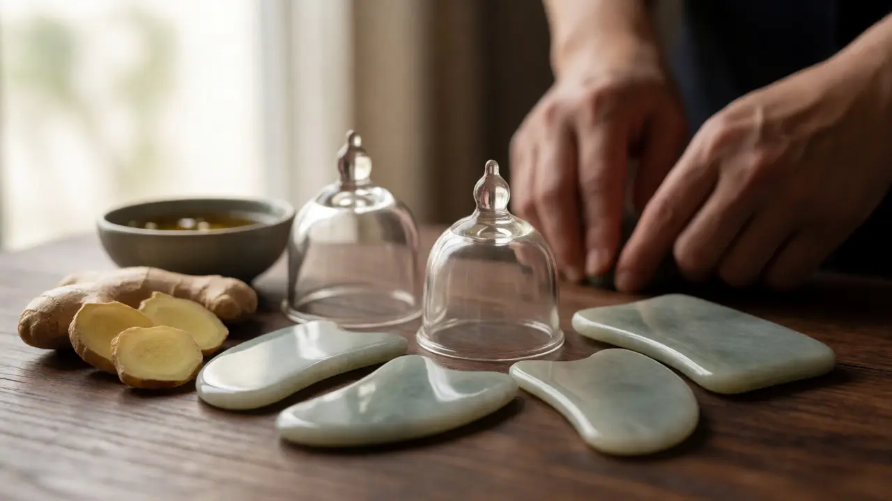 Detail nástrojů pro čínskou masáž: gua sha kamínky a baňkování na stole.