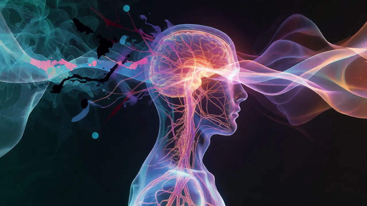Abstraktní vizualizace uvolnění stresu a neurochemie během masáže.
